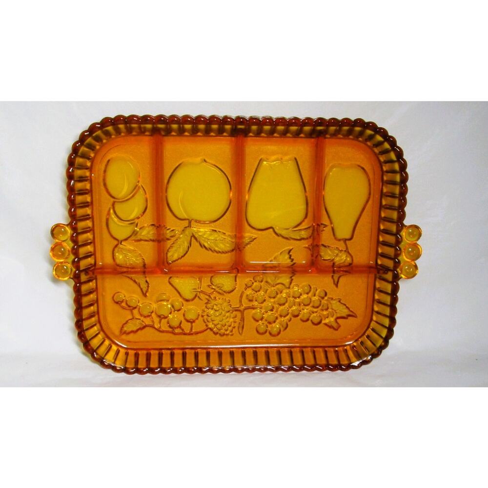 Amber Pressed Glass Relish Tray Divided Serving Dish Handled Scalloped 12 Inches